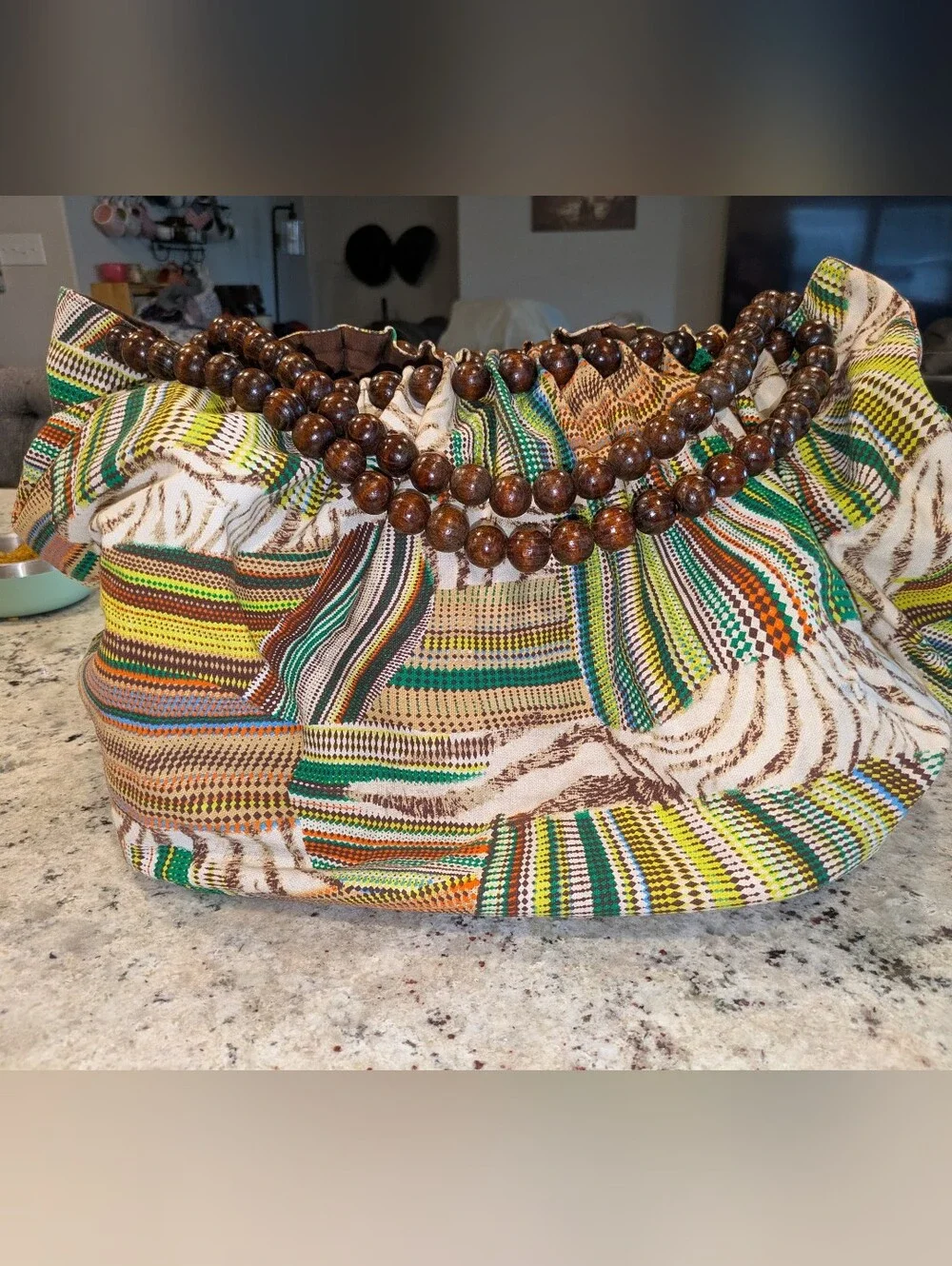 AMICI Accessories Boho Tribal Print Wooden Bead Handle Hobo Shoulder Bag Large